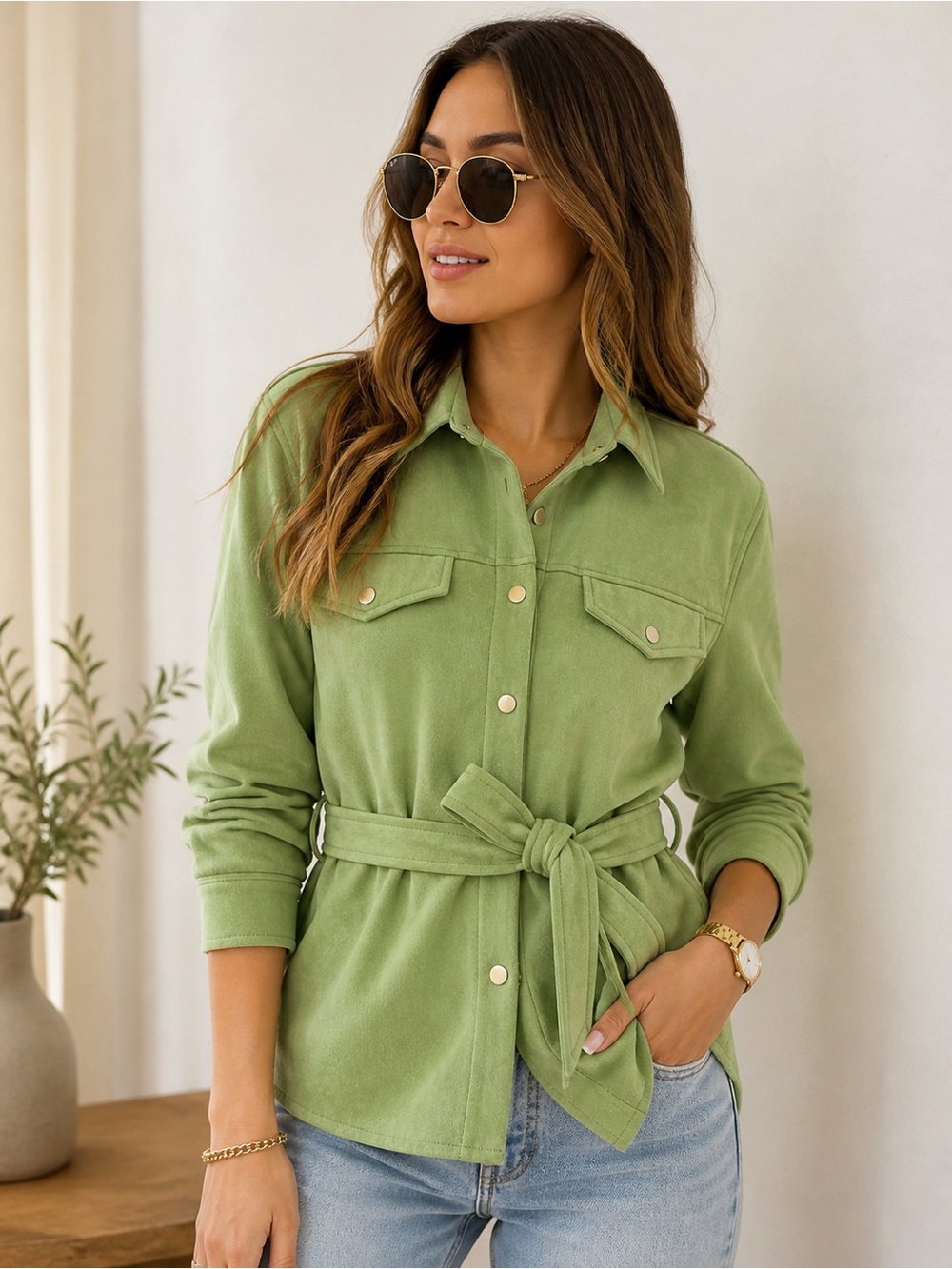 SUZY Green Belted Shacket Jacket • Lightweight Utility Style • Minimalist Chic